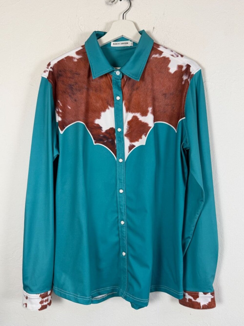 Ranch Dressn Western Cow Print Button-Up Shirt Teal Brown Long Sleeve Large
